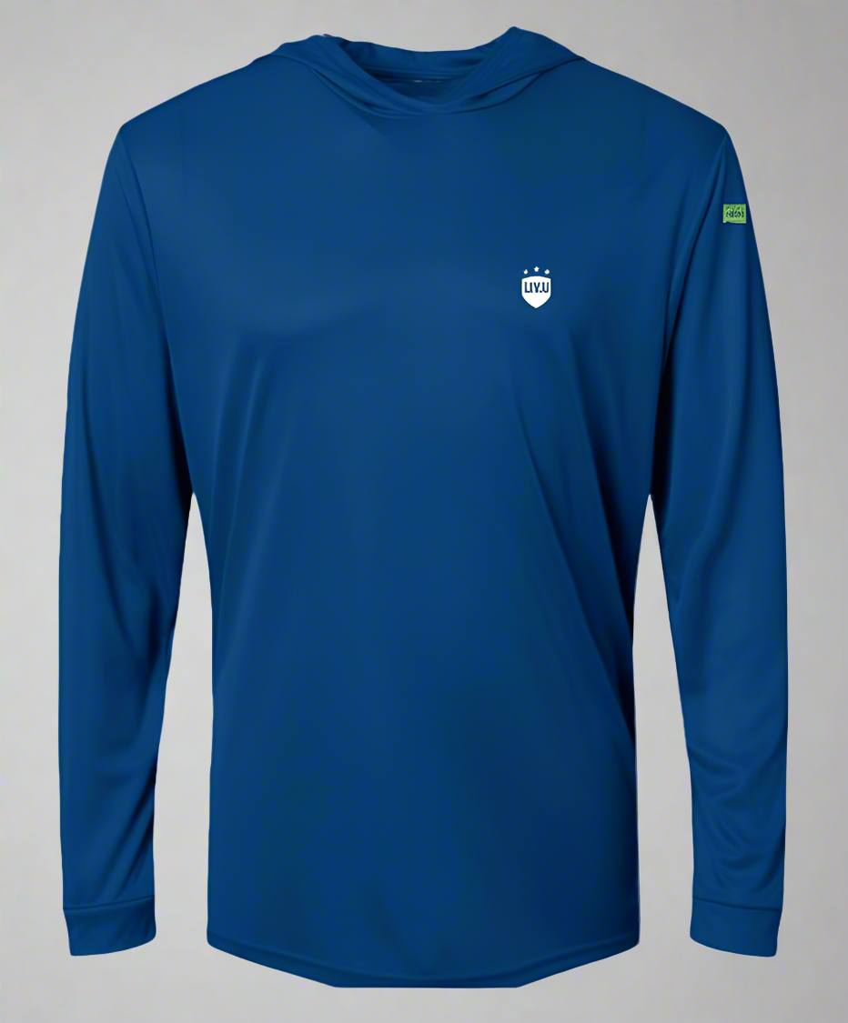LIV.U Launch.KIT Performance hooded long-sleeve shirt in blue with white crest on chest and green sleeve patch.