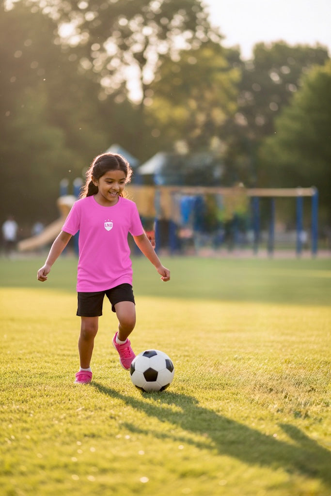 Young girl wearing LIV.U Children's Tee dribbles a soccer ball on a sunlit field.