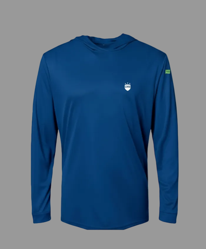 Blue LIV.U Launch.KIT Performance hooded long-sleeve shirt with small white LIV.U logo on chest.
