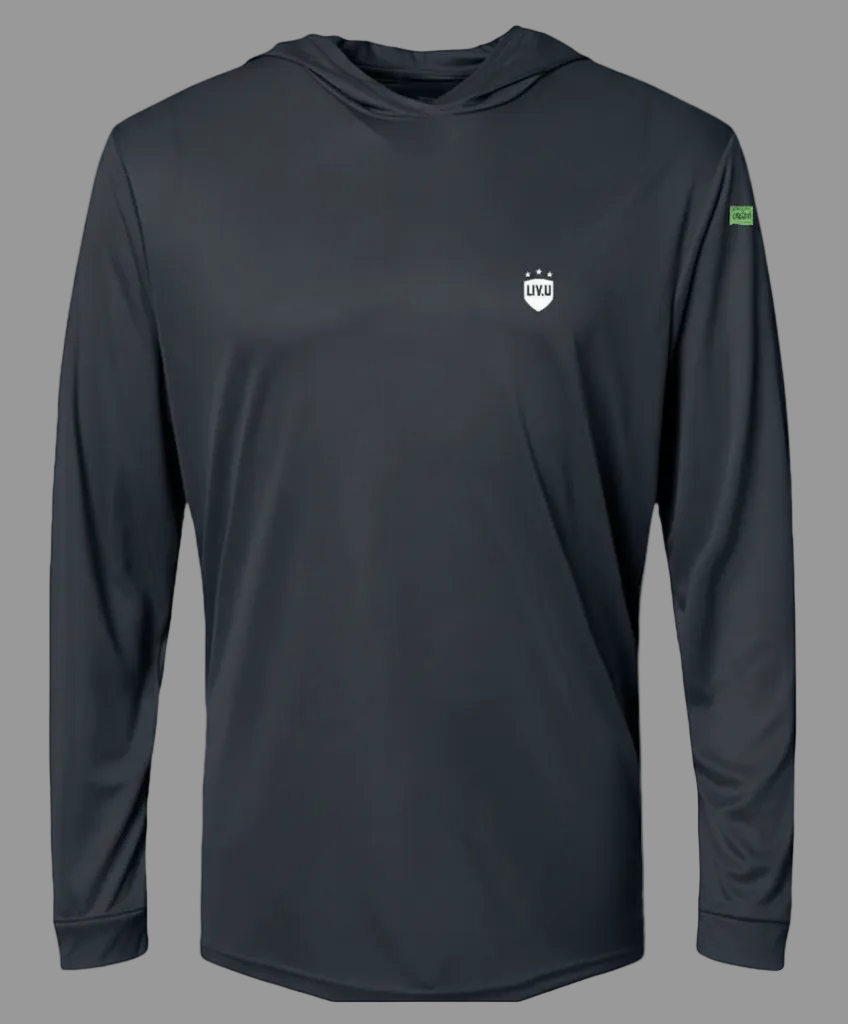LIV.U® Launch.KIT Performance hooded long sleeve shirt in dark navy with chest LIV.U shield logo.
