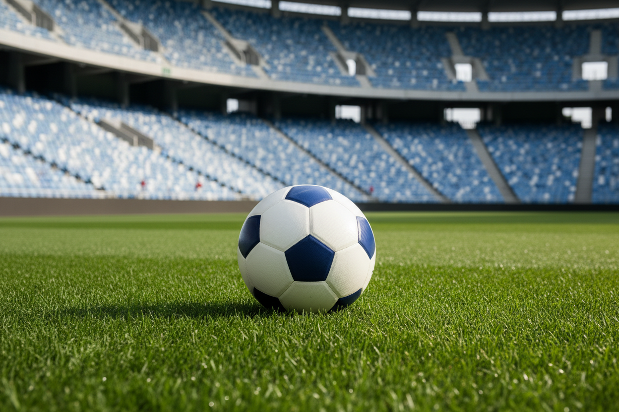 Image of a navy blue and white soccer ball in a field in an empty stadium 
